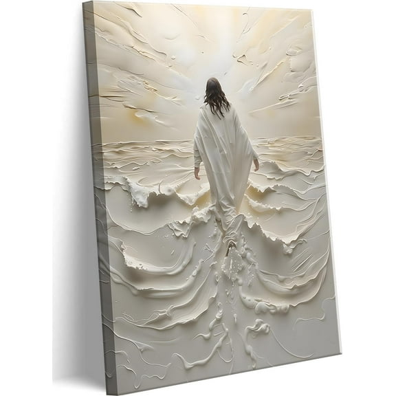Abstract Jesus Walking on Water Canvas Wall Art Christian Spiritual Wall Decor Pictures Divine Light Modern Religious Posters Prints for Living Room Bedroom Church Decoration 12x16in