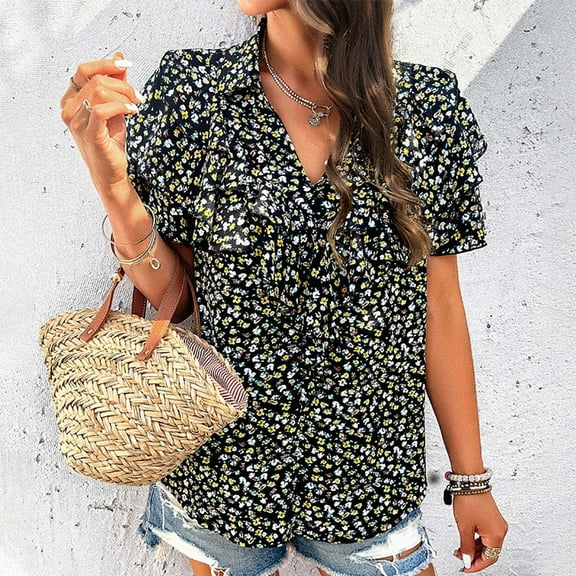 Otvok Summer Tunic Tops Women Tank Floral Printed Ruffle Sleeve V-Neck Casual Polyester Blouse
