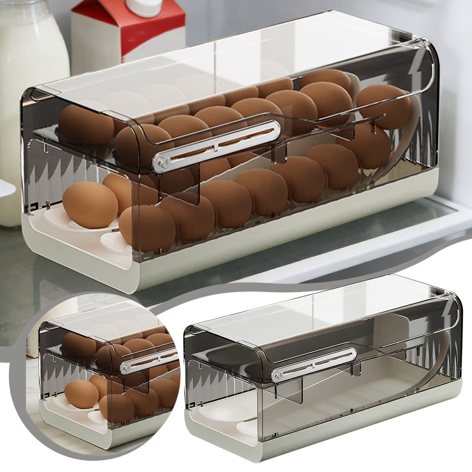 Automatic Rolling Egg Holder for Refrigerator, 2 Layer Stackable Egg Organizer with Lid, Clear Egg Storage Container and Tray for Fridge Door, Large Capacity Space Saving