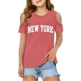 thumbnail image 2 of Girls T shirts Short Sleeve Cold Shoulder Crewneck Letter Print Graphic Tees Summer Casual Loose T-Shirts for Girls Size 9-10Y, 2 of 6