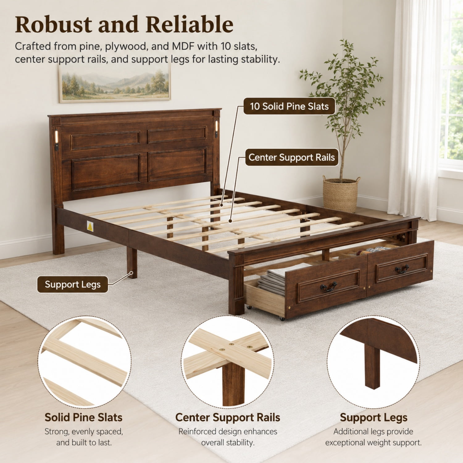 Miniyam Queen Farmhouse Storage Bed Frame with LED Headboard, USB & Type-C Charging, 2 Drawers, Walnut