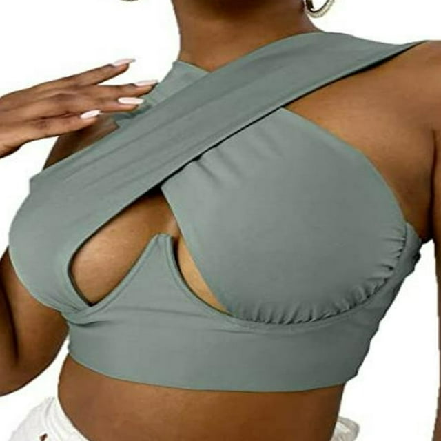 Women Criss Cross Tank Tops Sleeveless Solid Color Cutout Crop Tops