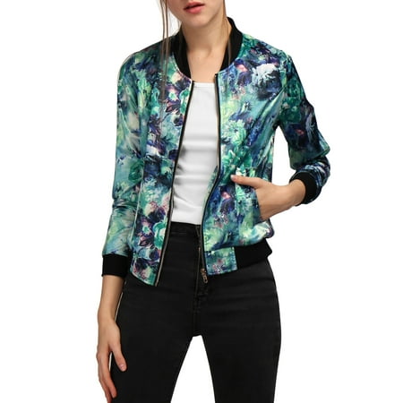 Green Jacket - Unique Bargains Women's Rib Knit Collar Zipper Fly Floral Print Fashion Jacket