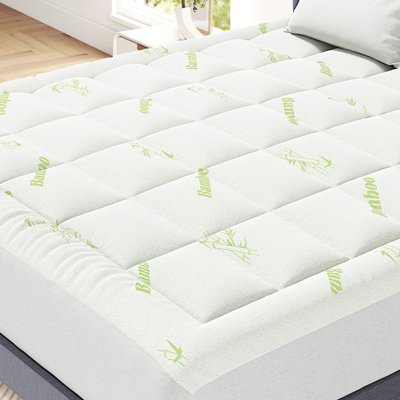 edx Protector de Colchón Matrimonial Protector de Colchón Engrosado con Relleno de Viscosa de Fibra de Bambú, Transpirable, Suave, Refrescante, Verde, 54" x 75"