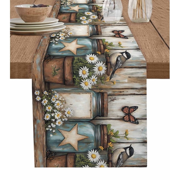Country Flower Table Runner 48 Inches, Retro Western Texas Star Butterfly Bird Bed Runner Dresser Scarves Tabletop for Indoor Outdoor Parties/Ceremony/Banquet, 13" x 48"