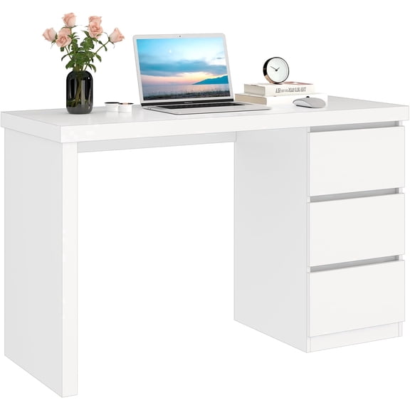 White Desk with Drawers, 43'' W Home Office Computer Desk Gaming Table, Modern Vanity Desk with Storage, Wood Writing Workstation for Bedroom, Living Room, White