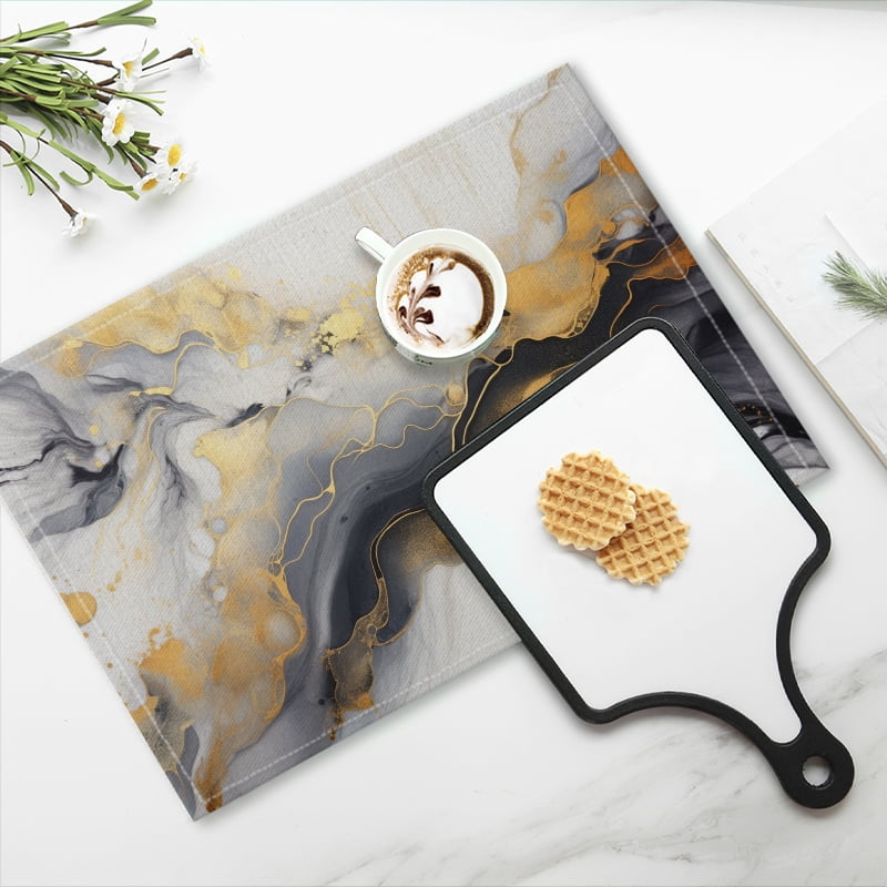 BaHomeck placemats Set of 4 rectangle Linen Cotton Placemats for Dining Table Washable Heat Resistant,18*12inch,White Marble Print With Gold Glitter