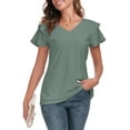 thumbnail image 4 of Dreamfish Women's Summer Tops V Neck T Shirt Ruffle Short Sleeve Eyelet Top Casual Eyelet Blouse, 4 of 7
