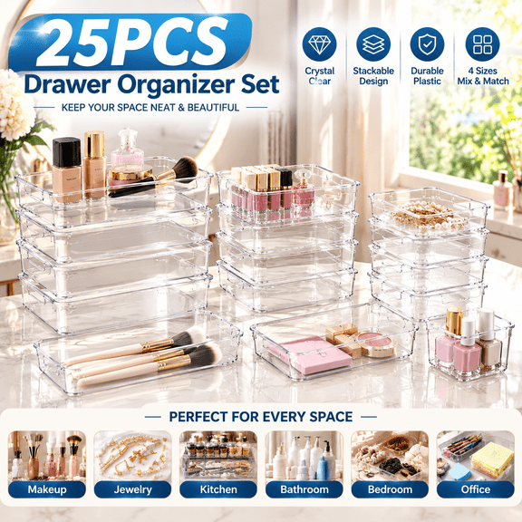 25 Pcs Clear Plastic Drawer Organizer Set, 4 Sizes Desk Drawer Divider Organizers and Storage Bins for Makeup, Jewelry, Gadgets for Kitchen, Bedroom, Bathroom, Office