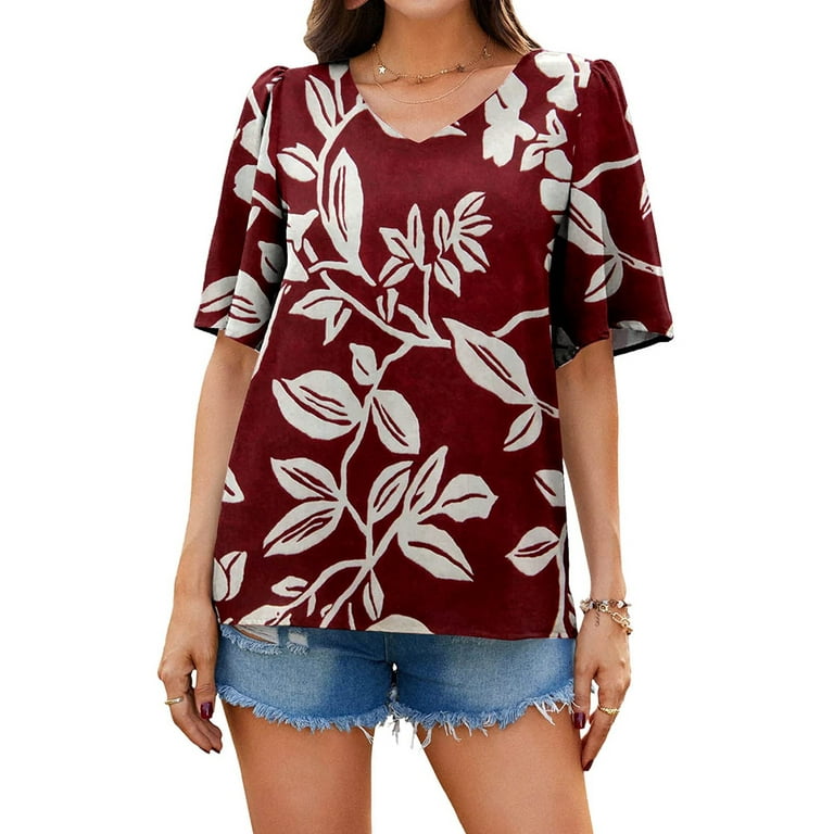 QLEICOM Womens Summer Tops Oversized T-shirts Floral Print Chiffon s Short  Sleeve V Neck Tunic Casual Loose Tunic Tank Tops Women Shirts Blouses Wine  L 