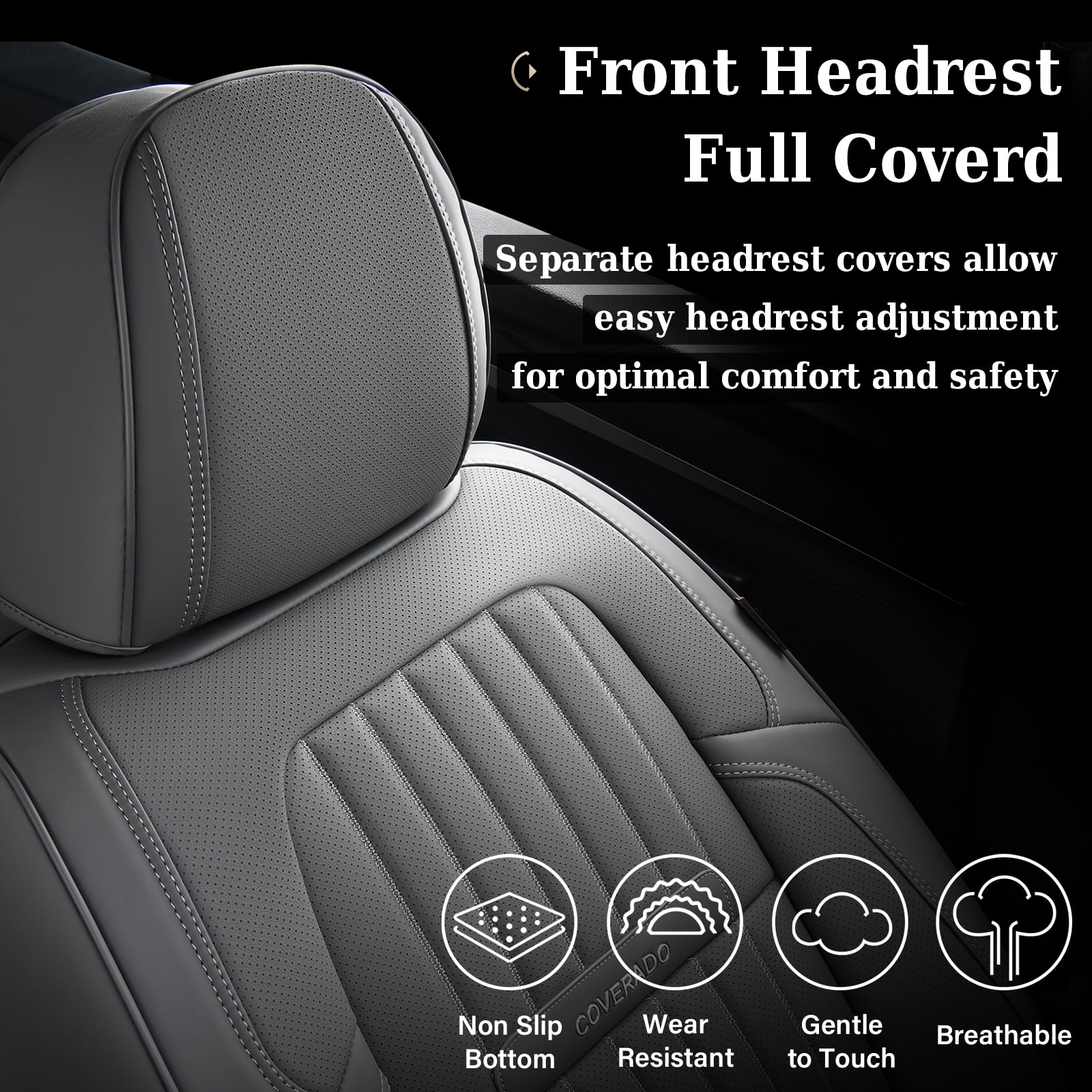 Coverado Car Seat Covers 2 Seats, Waterproof Faux Leather Front Seat Protectors, Auto Interior Cushions Universal Fit for Most Cars, Gray