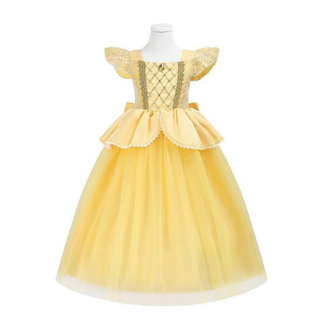 Vestido de princesa Bella, tutú de tul con lazo de lentejuelas, vestido de fiesta para niñas, celebración de cumpleaños, amarillo y azul