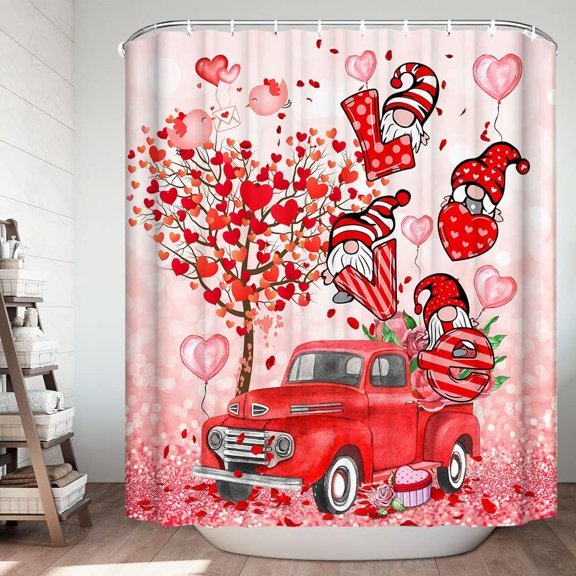 Happy Valentine‘s Day Shower Curtain Love Heart Bathroom Curtain Valentines Gnomes Love Tree Romance Vintage Red Truck with Rose Flowers Farmhouse Fabric Shower Curtains for Home Decor 72 x 72 Inches