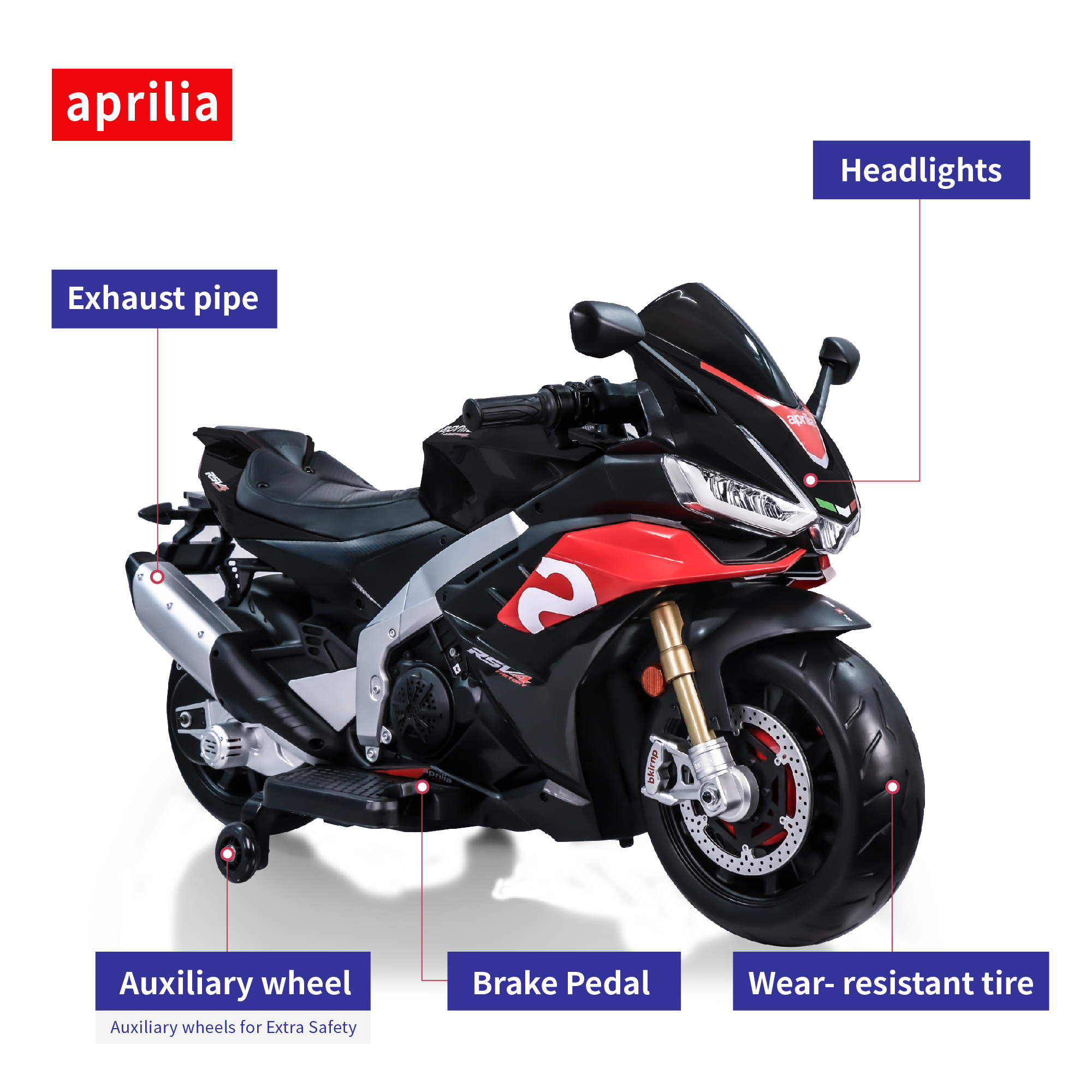 HEIMILI 24V Aprilia Kids Motorcycle Electric Motorbike Ride on Toy w/LED Lights Bluetooth Music Battery Powered 12MPH for Kids 3-6 Years Old