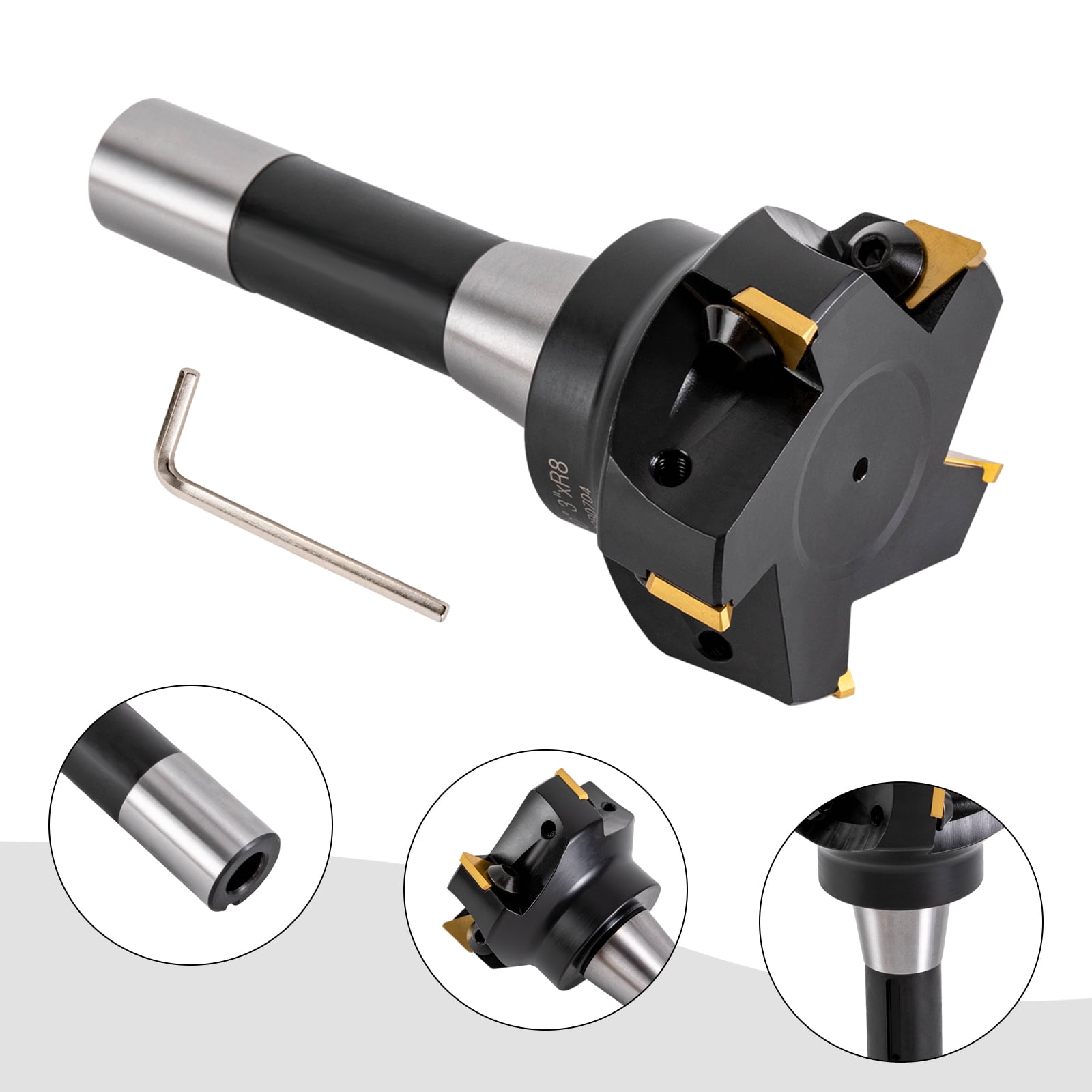 Alloy Steel Indexable End Mill 3'' Cutting Depth R8 Shank End Mill 5 Flutes+Key for Machining Centers