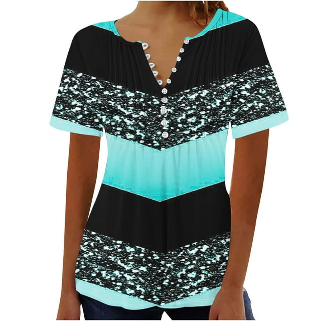 SDNall Printed V-Neck Button Up Short Seeved Top Short for Women,Tops for Women