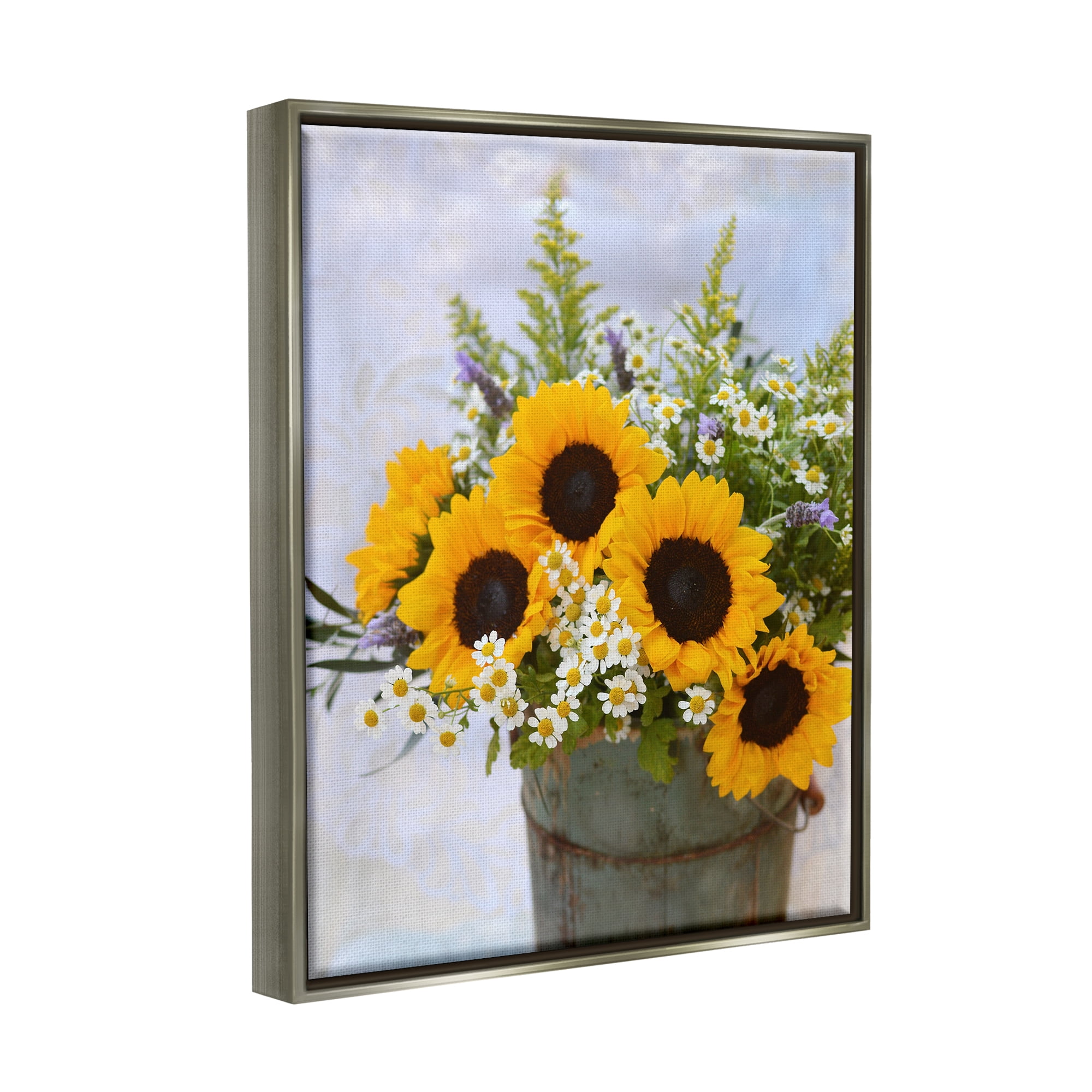 Stupell Industries Sunflower Bouquet in Tin Botanical & Floral Photography Gray Floater Framed Canvas Art Print Wall Art, 25 x 31