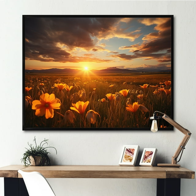Designart Yellow Traditional black framed wall art, Sunset framed wall art, Sunset on the Prairies , sunset framed wall art decor, 32x16 inches black frame