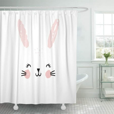 PKNMT Pink Baby Happy Easter Cute Sweet Watercolor Bunny Rabbit Scandinavian Black Bathroom Shower Curtain 66x72 inch
