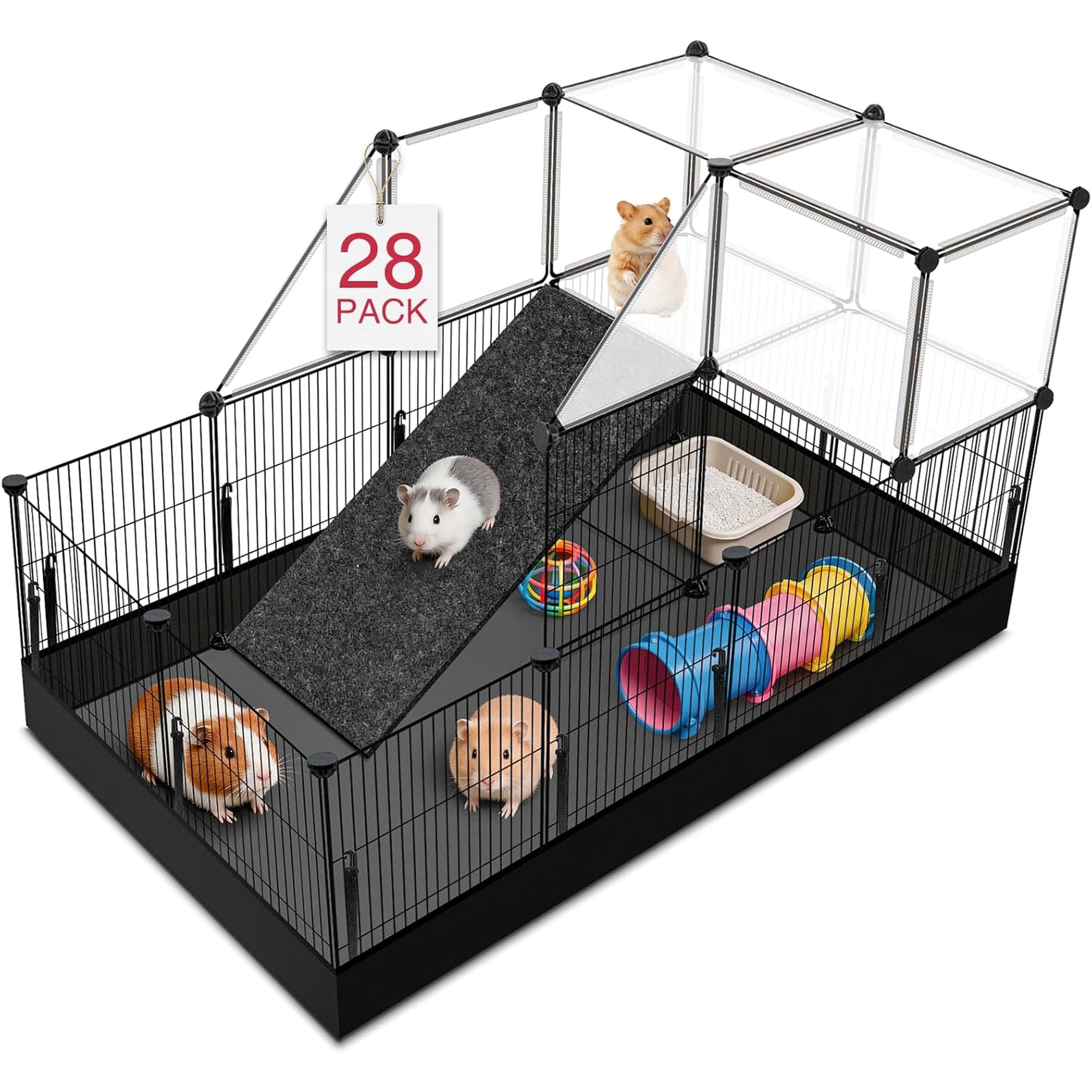 28 Panels Guinea Pig Cages, 48" x 24" x 28" Small Animal Playpen | Portable Metal Rabbit Bunny Cage with Waterproof Mat, C&C Cage for Guinea Pigs, Hamsters/Bunny playpen
