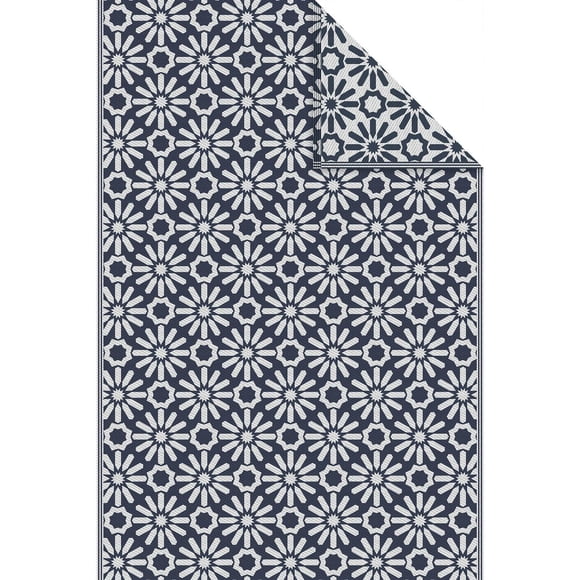 Tapis extérieur en poly-tissage bleu et blanc 183 cm x 274 cm Mainstays, marguerites
