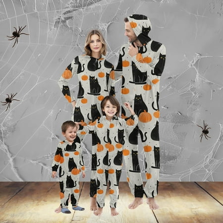 

BVOFAR Halloween Family Pajamas Matching Sets for Adults and Kids Funny Pumpkin Print Long Sleeve One Piece Outfit Cute Zipper Hooded Jumpsuit with Pockets