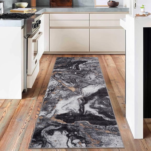 Runner 2'x6' Modern Abstract Boho Style Low Pile Washable Non-Slip Carpet for Entryway Bedroom Office & Dining Table Black