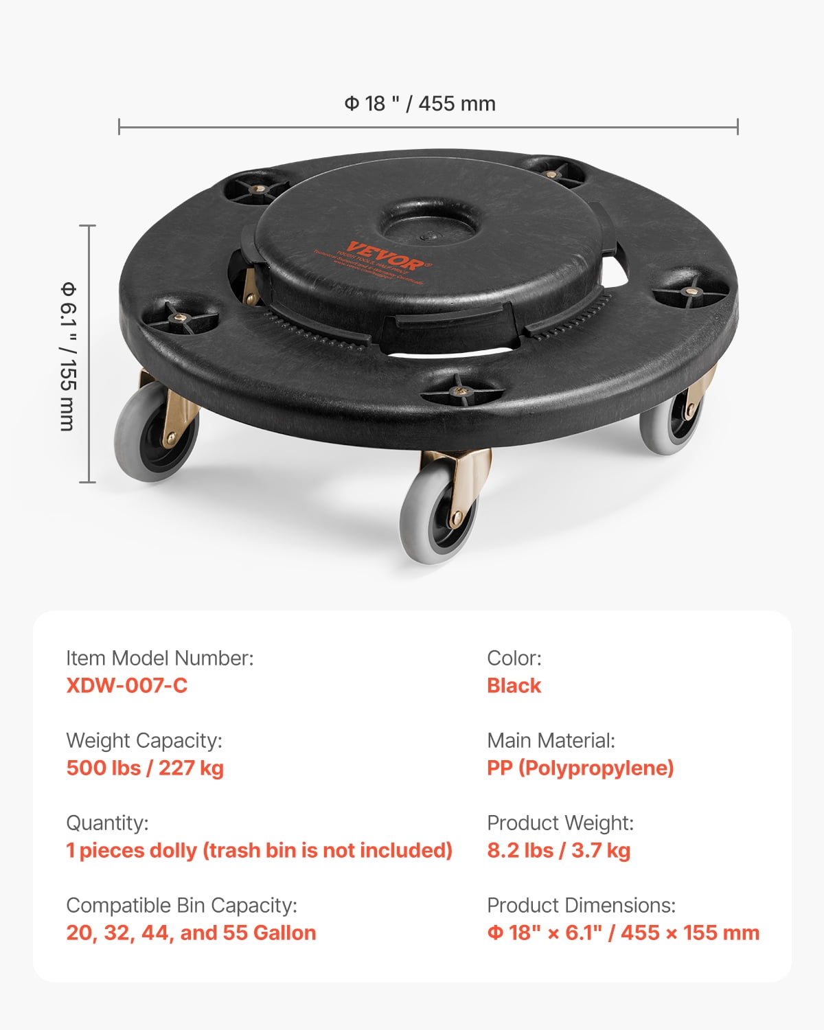 VEVOR Trash Can Dolly, Fit 20, 32, 44, 55 Gallon Containers, Round Trash Can Roller Base with 4 Lockable Wheels, 500lbs Weight Capacity, Heavy Duty Barrel Dolly, Multi-Functional Rolling Dolly Cart