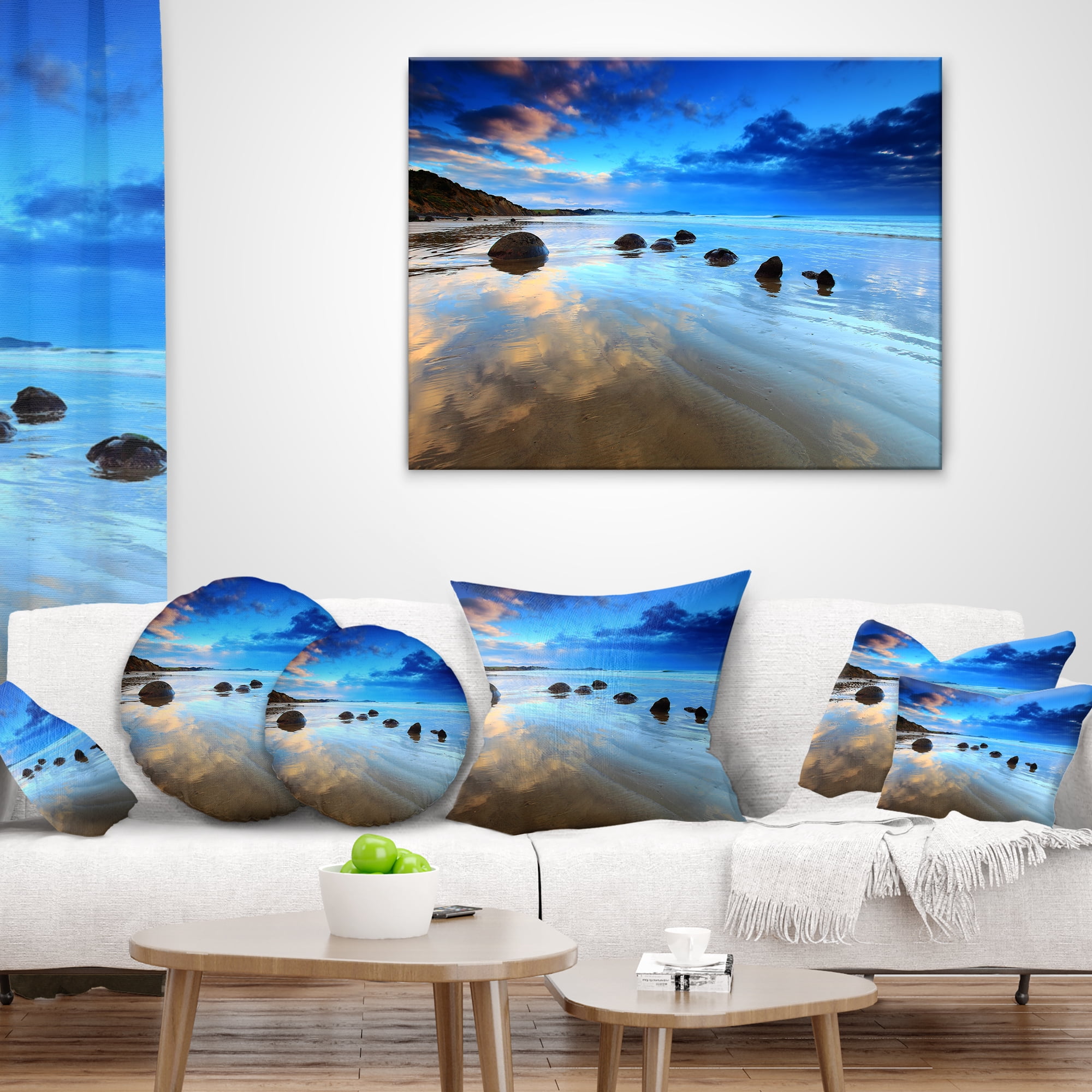 Designart Cloudy Sky Over Moeraki Boulders - Seashore Photo Throw Pillow - 18x18