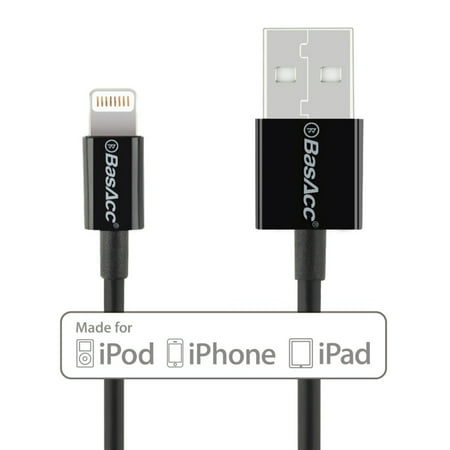 BasAcc 3' Lightning USB Cable (Apple MFi Licensed & Certified) for iPhone 6 Plus 6s SE 5 5s 5c iPad Pro 5 4 Air 2 1 Mini 4th 3rd 2nd iPod Touch 5th 6th iPod Nano 7 Sync and Charge Charger 8-Pin Black