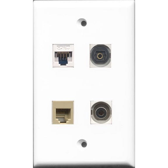 RiteAV 1 Port Phone RJ11 RJ12 Beige and 1 Port Toslink and 1 Port 3.5mm and 1 Port Cat5e Ethernet White Wall Plate