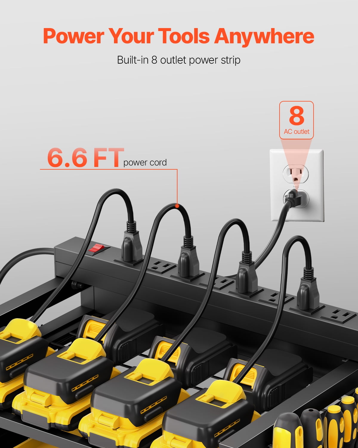 VEVOR 4-tier Tool Organizer Cart with Charging Station, 8 AC Outlet, Floor Stand Rolling Drill Holder and Tool Battery Storage Rack on Wheels, Garage Floor Rolling Storage Cart for Workshop, Garage