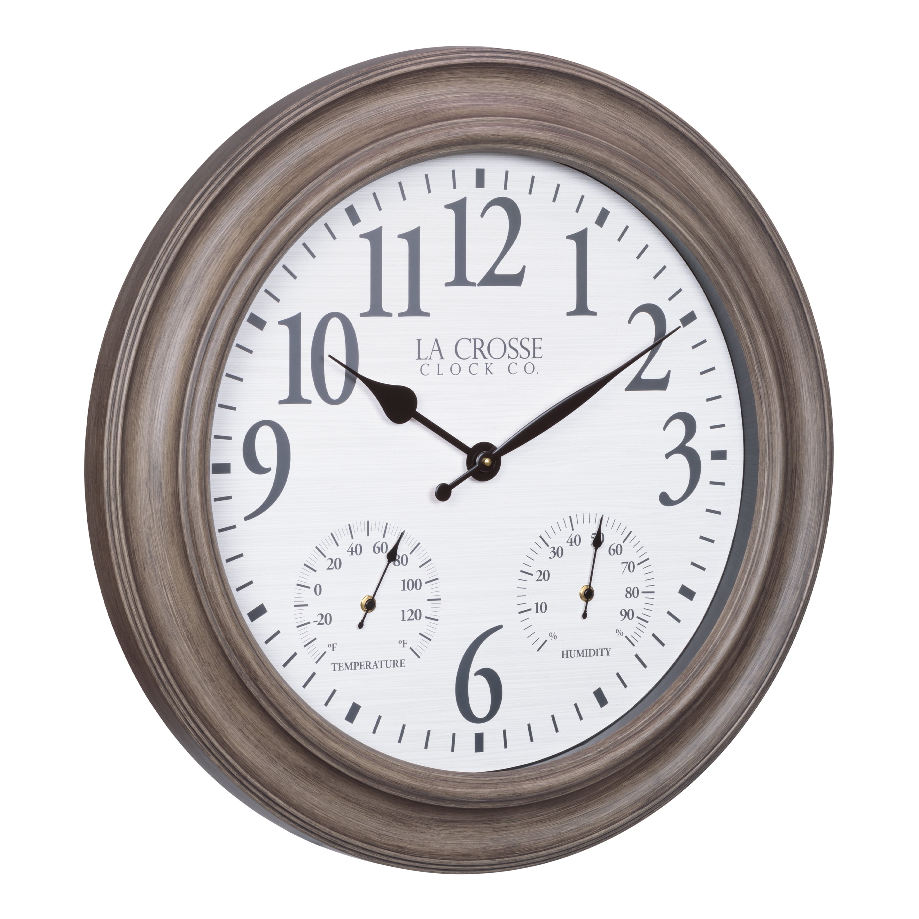 La Crosse 26.2" Outdoor Gray Oak Analog Quartz Wall Clock with Temp & Humidity, 433-3267TH