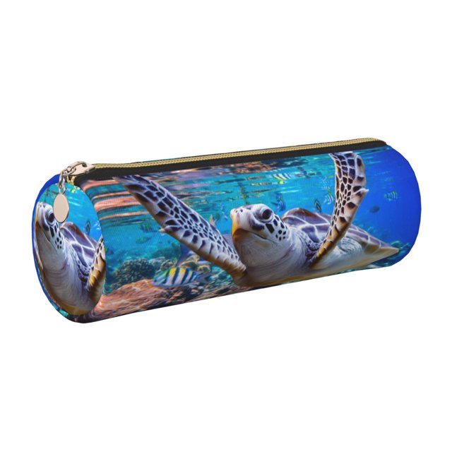 Easygdp Sea Turtle Swims para Estuche de Lápices Cilíndrico de Cuero con Cremallera, Organizador de Lápices de Cuero para Escuela, Oficina y Viajes
