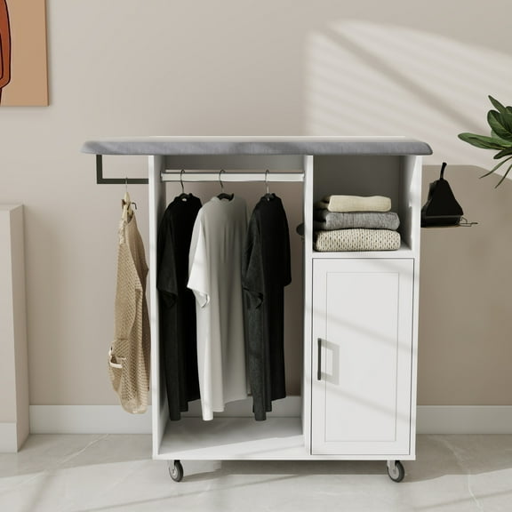 40" Ironing Cart with Coat Hanger and Wheels, Multipurpose Ironing Cabinet with Iron Rack and Storage Space, Rolling Ironing Cart for Laundry Room, Bedroom, Cloakroom, White