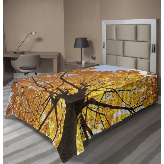 Ambesonne Tree Flat Sheet, Maple Leaves Fall Autumn, Twin Size, Orange Blue