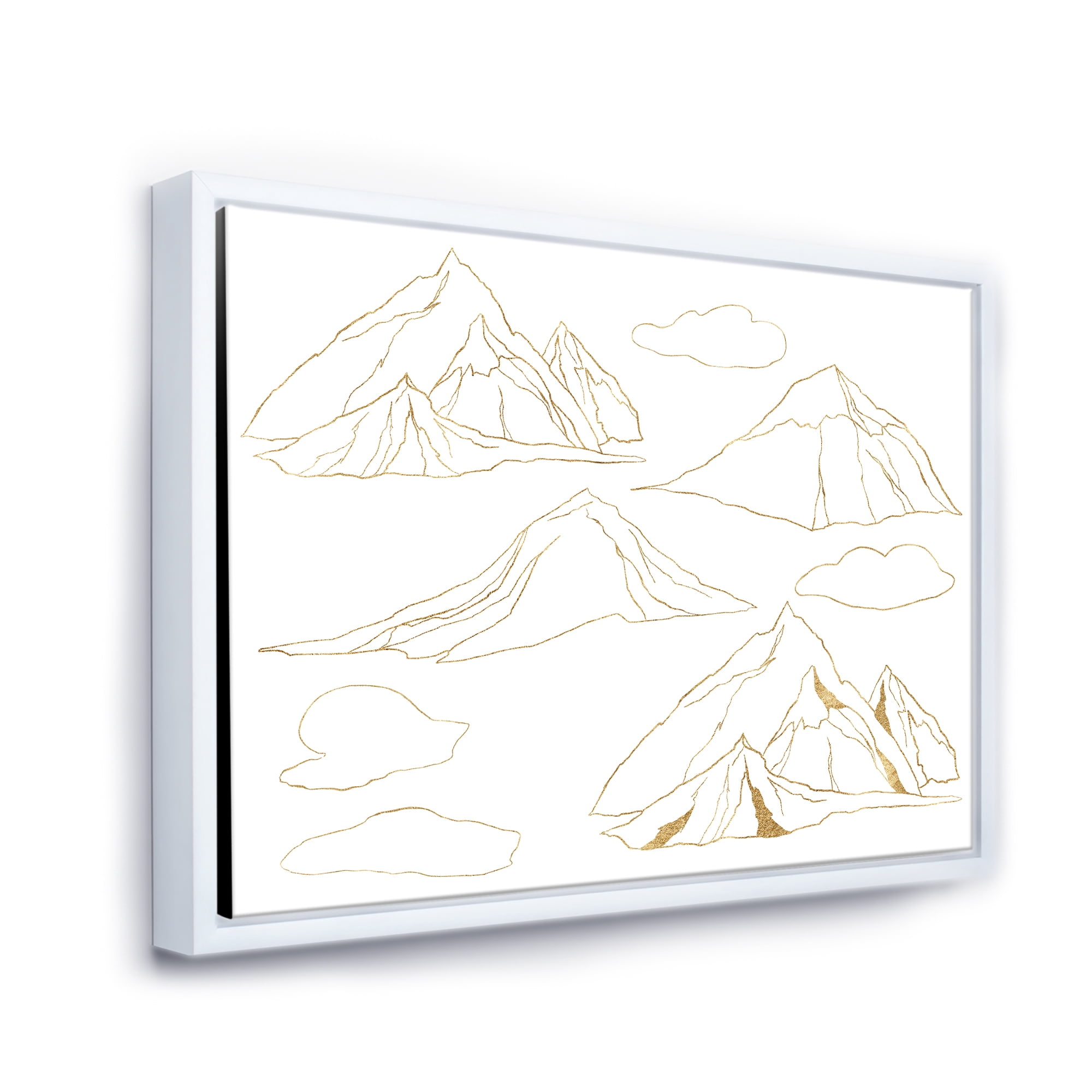 Minimalistic Gold Linear Set Of Clouds and Mountains 40 in x 30 in Framed Painting Canvas Art Print, by Designart