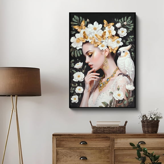 Euroco 24x36 Inch Beauty lady Canvas Wall Art,Gold and White Floral Wall Prints Wall Decor for Living Room,Bedroom