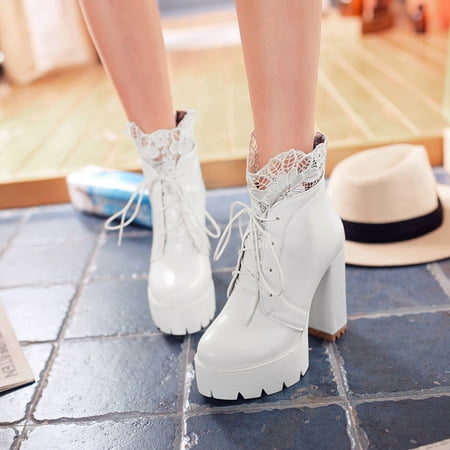 

High-heeled Short Boots Lace-up Thick-heeled Women s Shoes Lace Trim