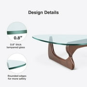 Raffle Pinker Triangle Glass Coffee Table 0.8 Thick Tempered Glass Coffee Table with Solid Dark Walnut Base for Living Room