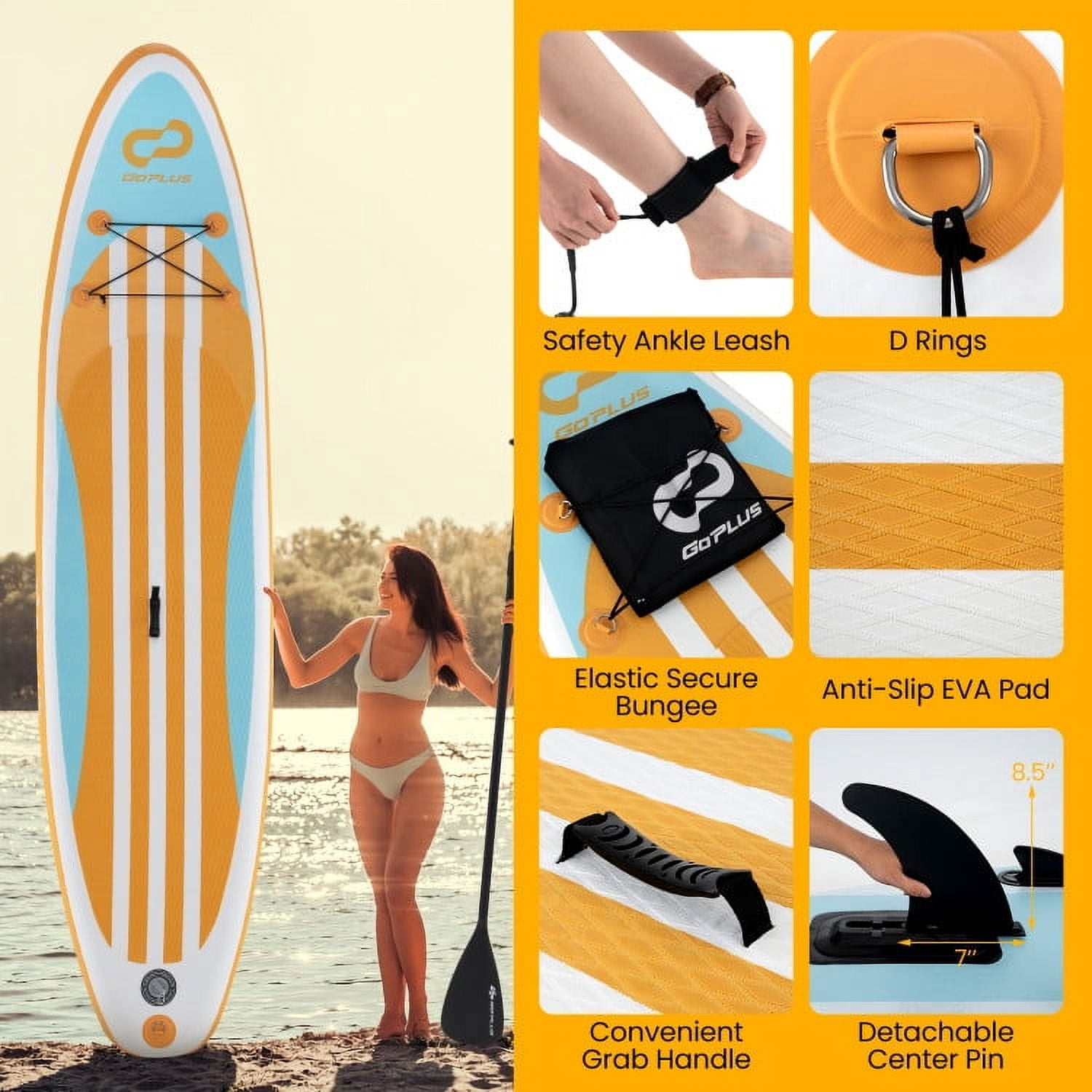 Yardi Yard Inflatable Stand up Paddle Board, Paddle Board with Adjustable Paddle and 3 Fins for Adults and Youths-S, Paddle Board for Outdoor, Yellow