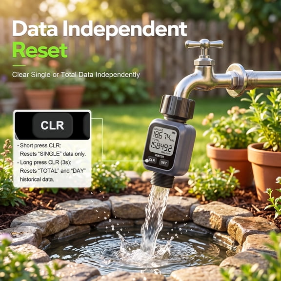 Water Flow Meter with LCD Display, 4-in-1 Multi-Function Digital Water Meter for Garden Hose, 360° Rotatable, IPX5 Waterproof, Unit Conversion (Gallon/Liter)