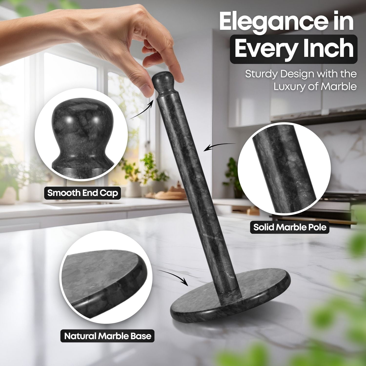 Marble Paper Towel Holder 12 inch (Black Marble) Kitchen Paper Towels Roll Dispenser Stand Rack with Marble Pole and Weight Base for Countertop Tables Home Dining Bathroom Storage