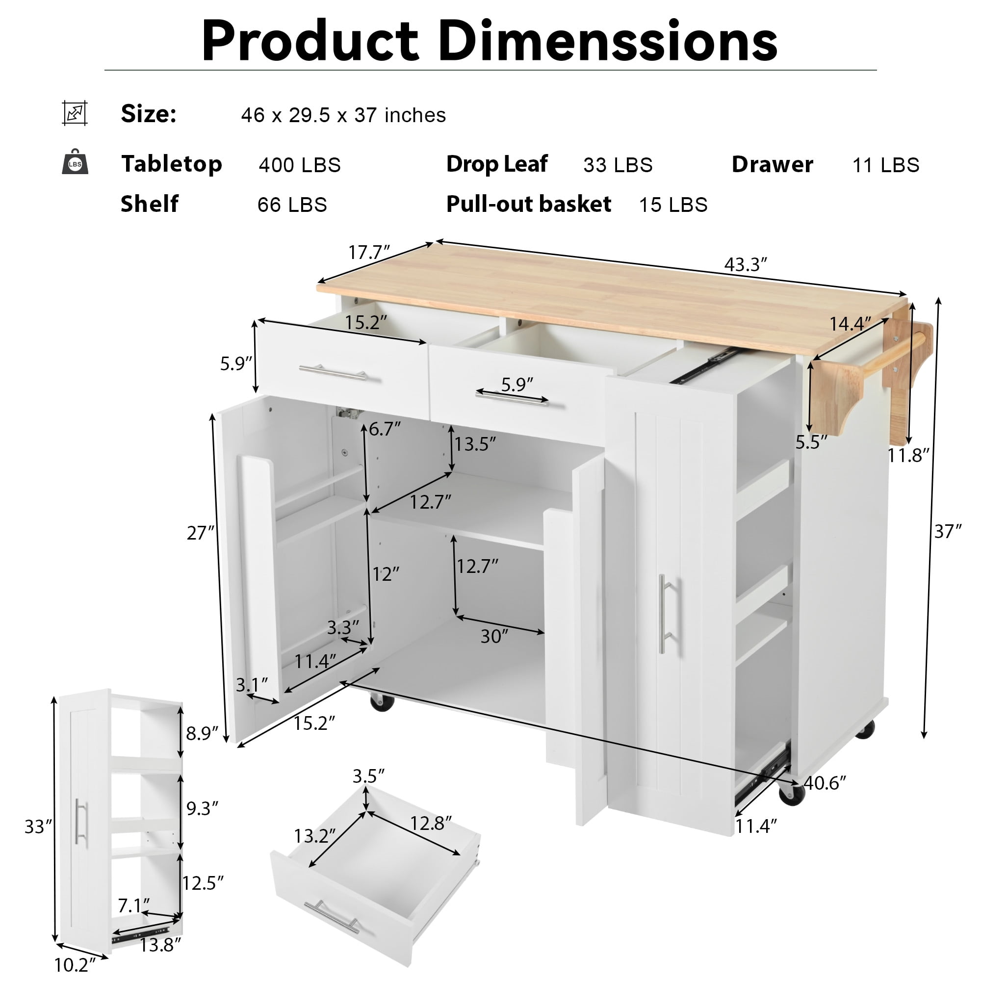 Yoneston Rolling Kitchen Storage Cart with Drop Leaf and Towel Rack, Kitchen Island with 3 Tier Pull Out Cabinet Organizer and 2 Drawers 2 Doors for Kitchen, Dining Room, Black
