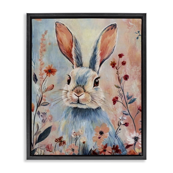 Stupell Industries Traditional Blue Rabbit & Wildflowers Black Floating Frame Canvas Art, 17 x 21, by Sara Culpepper