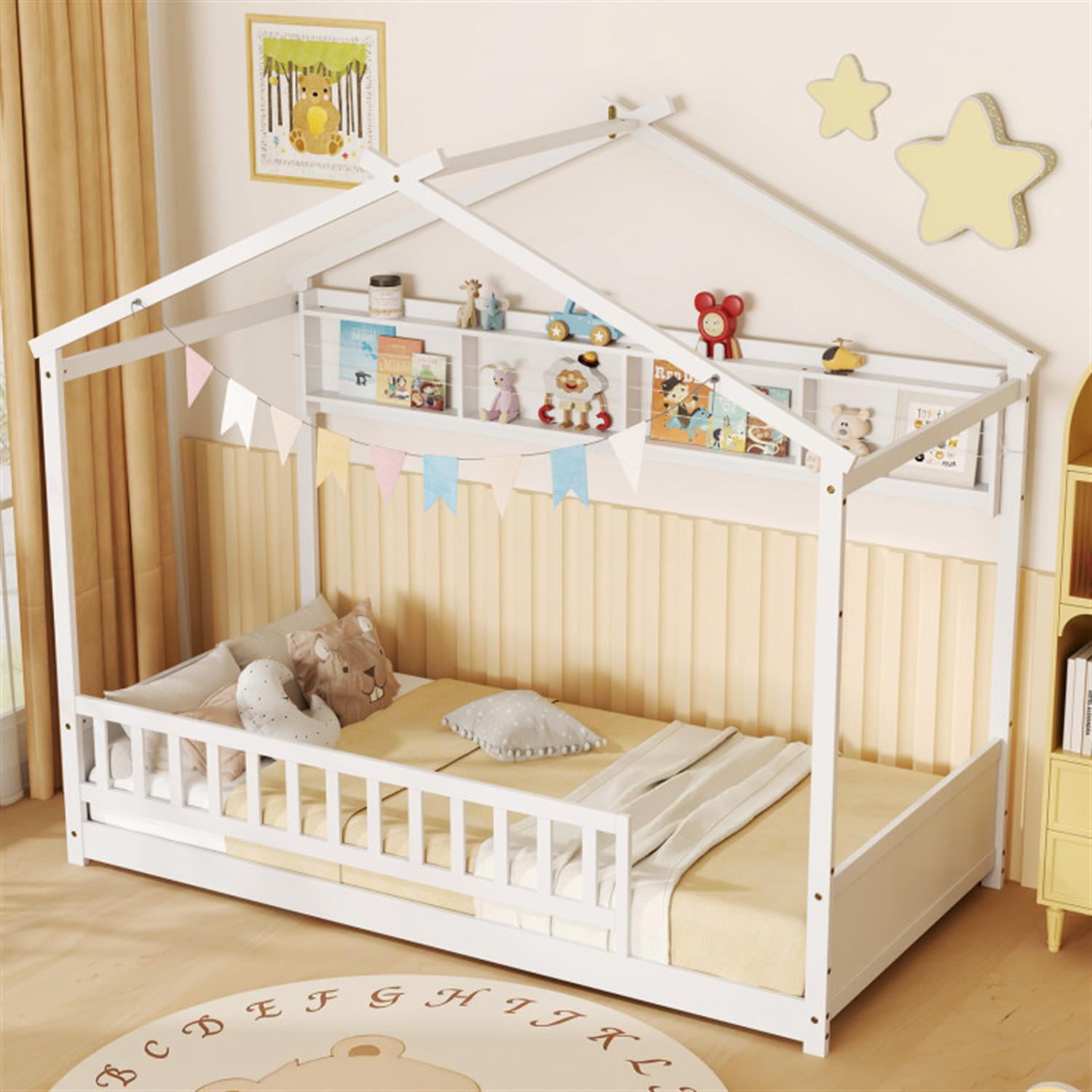 Demi Bonn Twin Size House Bed Frame with Storage Shelf and Headboard, Wooden Floor Bed Frame with Fence and Roof for Bedroom, White