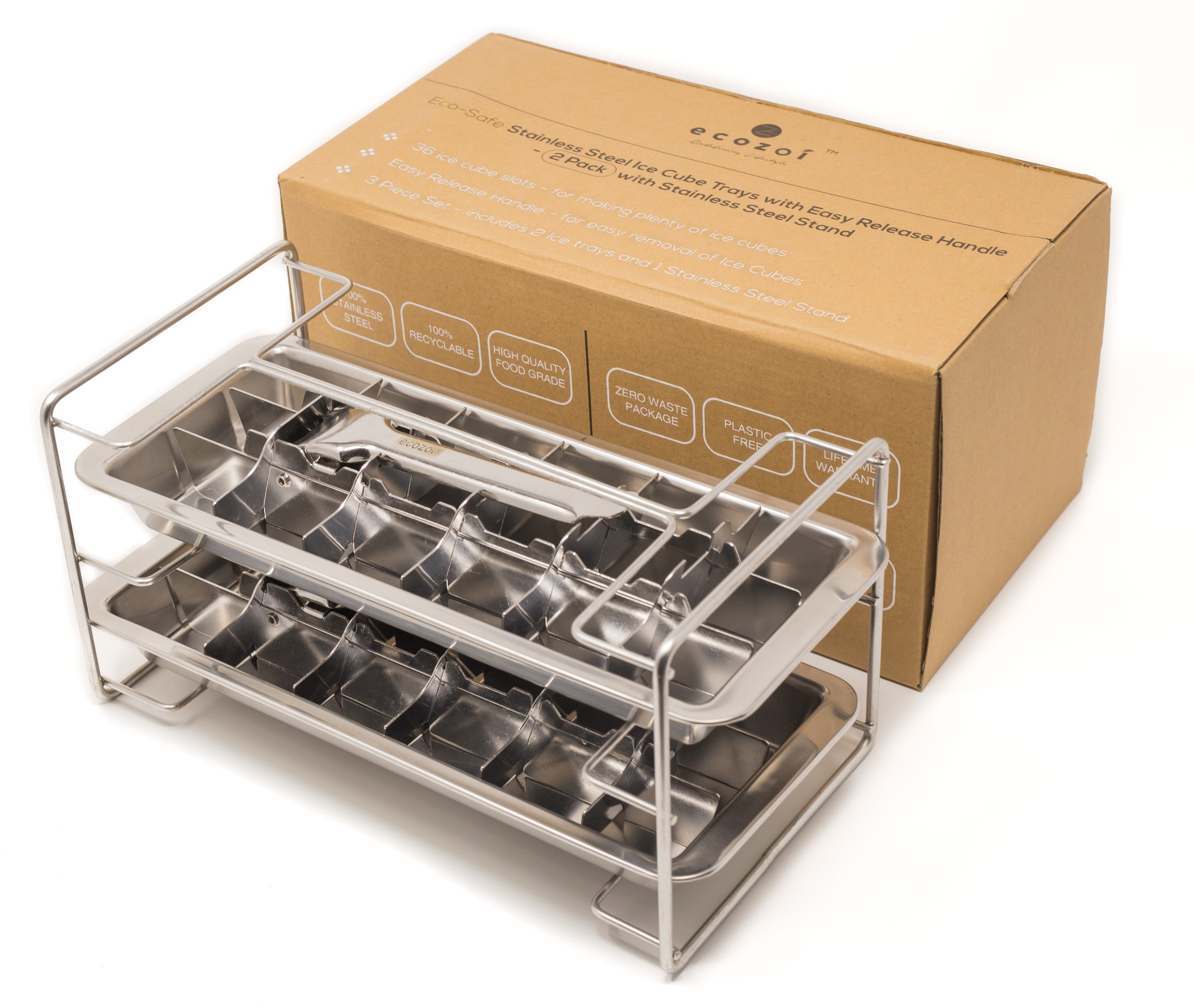 Ecozoi Stainless Steel Metal Ice Cube Trays with Easy Release Handle