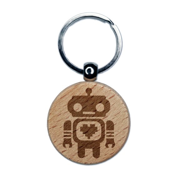 Cute Little Robot with a Heart Round Keychain Charm Tag - Engraved Wood