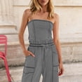 thumbnail image 5 of Womens Casual Strapless Jumpsuits off Shoulder Long Wide Leg Pants Drawstring One Piece Jumpsuit with Pockets Gray, 5 of 9