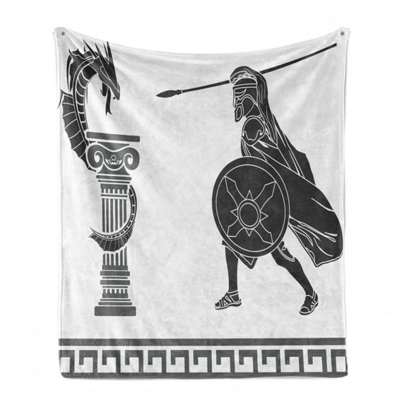 Retro Soft Flannel Fleece Throw Blanket, Mythological Scene Hero and Dragon Hellenic Fantasy, Cozy Plush for Indoor and Outdoor Use, 70" x 90", Grey Charcoal Grey White, by Ambesonne
